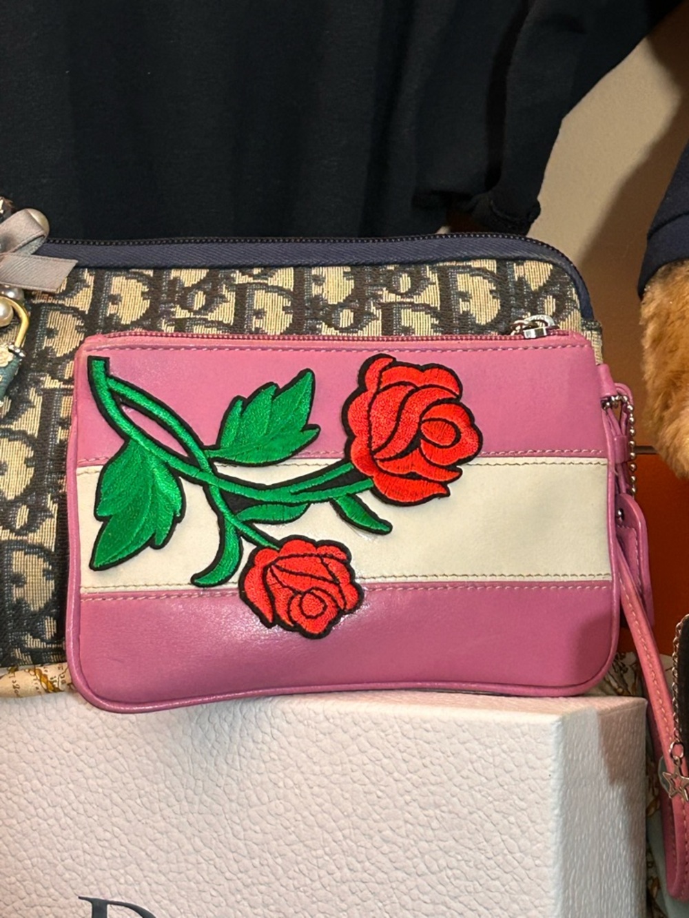 Coach Pink Wristlet with Red & Pink Rose Applique